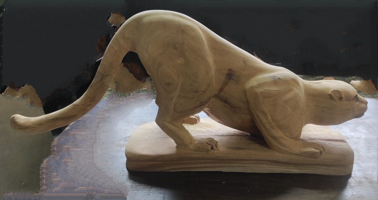 Snow Leopard (Carved Wood Pouncing Cheetah sculpture) – ArtParkS